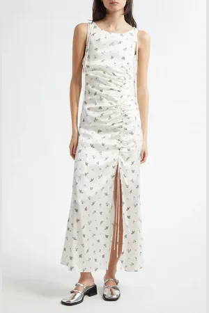 Ganni Printed Ruched Satin Maxi Dress in at Nordstrom, Size 0 Us