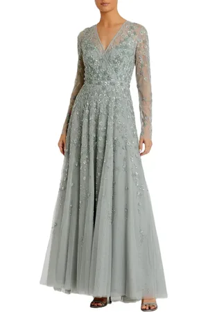 Mac Duggal Embellished Wrap Over Illusion Long Sleeve A Line Gown in at Nordstrom, Size 8