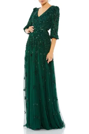 Mac Duggal Embellished V Neck 3/4 Sleeve A Line Gown in at Nordstrom, Size 14