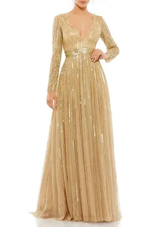 Mac Duggal Sequined Long Sleeve Plunging V-Neck Gown in at Nordstrom, Size 6
