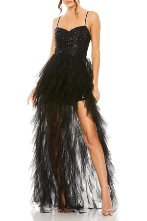 Mac Duggal Ruffle High Low Tiered Train Sequin Mini Dress in at Nordstrom, Size 6