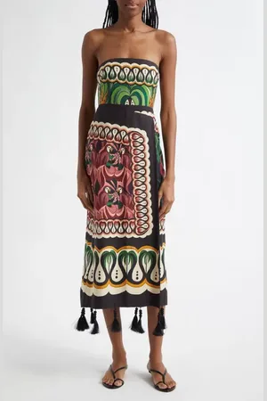 Farm Rio Coconut Tree Mixed Scarf Print Strapless Linen Blend Dress in at Nordstrom, Size Medium
