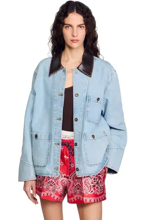 Sandro Denim jacket with leather collar in at Nordstrom, Size 38 Eu