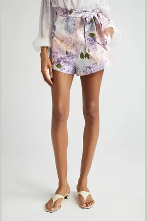 ZIMMERMANN Floral Print Belted Flat Front Silk Shorts in at Nordstrom, Size 0