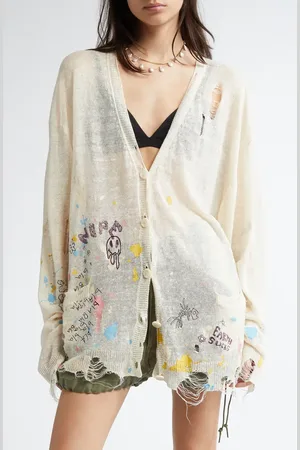 R13 Distressed Oversize Scribble Print Boyfriend Cardigan in at Nordstrom, Size Small