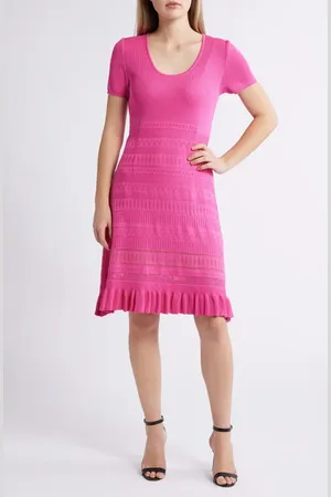 Ming Wang Mixed Stitch Short Sleeve Sweater Dress in at Nordstrom, Size Medium