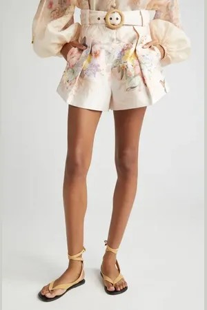ZIMMERMANN Tropical Floral Belted Linen Tuck Shorts in at Nordstrom, Size 0P