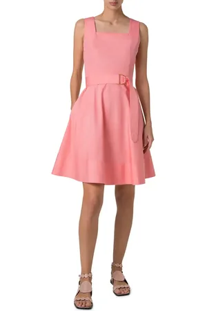 AKRIS Belted Square Neck Cotton Fit & Flare Dress in at Nordstrom