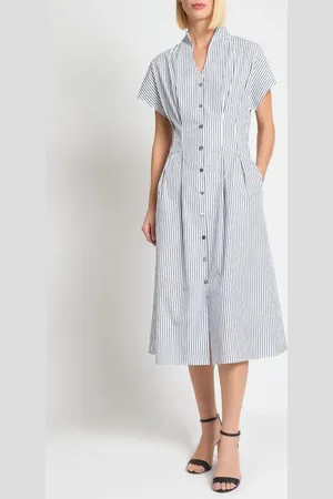 Ming Wang X Tanya Foster Pinstripe Cotton Fit & Flare Midi Dress in at Nordstrom, Size Xx-Small