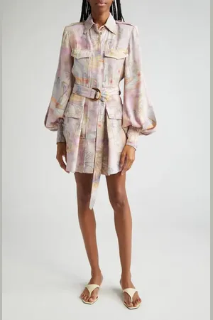 ZIMMERMANN Tropical Print Long Sleeve Belted Cargo Minidress in at Nordstrom, Size 0