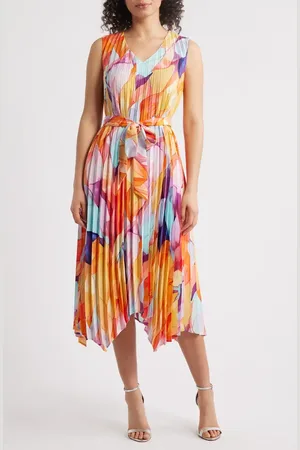 Tahari ASL Abstract Print Pleated Handkerchief Hem Midi Dress in at Nordstrom, Size 4