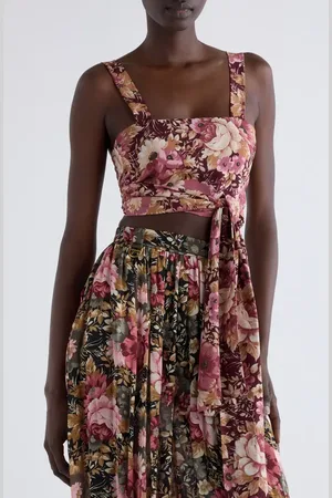 Chloé Floral Print Tie Front Silk Twill Crop Top in at Nordstrom, Size Small