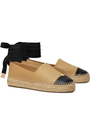 Tory Burch Ankle Wrap Cap Toe Platform Espadrille in Ginger Shortbread /Black at Nordstrom, Size 7.5
