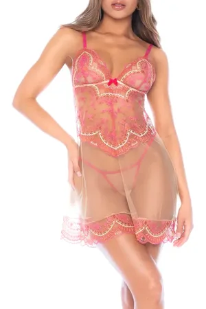 Mapalé Embroidered Mesh Underwire Babydoll Chemise & G-String Set in at Nordstrom, Size Large