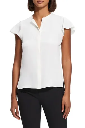 THEORY Tp Mod Flounce Sleeve Silk Blouse in at Nordstrom, Size Petite