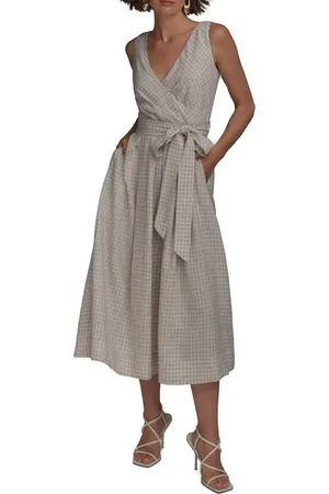 Donna Karan Gingham Linen Blend Faux-Wrap Midi Dress in at Nordstrom, Size 6