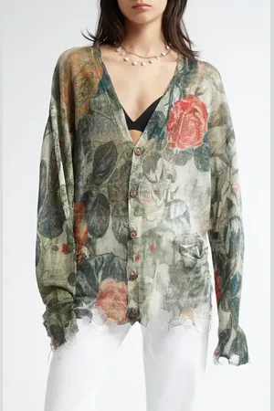 R13 Distressed Oversize Floral Boyfriend Cardigan in at Nordstrom, Size Medium