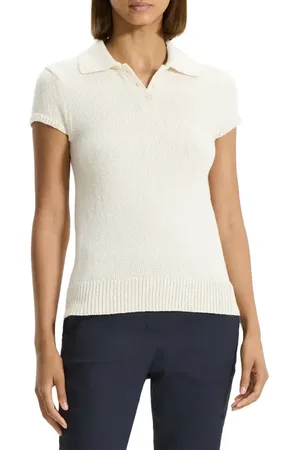 THEORY Wave Bo Cap Sleeve Cotton & Merino Wool Polo Sweater in at Nordstrom, Size Petite