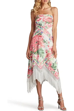 Tadashi Shoji Scarf Print Fringe Detail Strapless Cocktail Midi Dress in at Nordstrom, Size 14