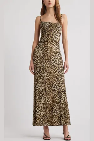 Open Edit Print Mesh Maxi Dress in Beige Gold- Brown Leopard at Nordstrom, Size Large