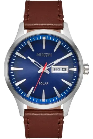 Nixon Sentry Solar Leather Strap Watch, 40mm in Navy Sunray /Silver at Nordstrom