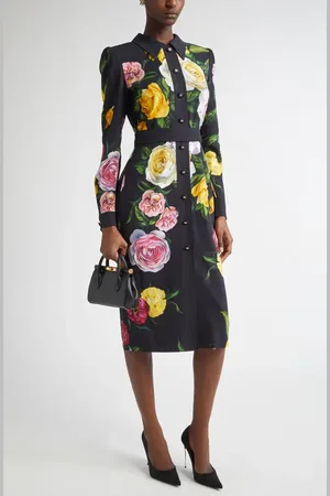 Dolce & Gabbana Rose & Peony Floral Long Sleeve Stretch Cady Shirtdress in at Nordstrom, Size 6 Us