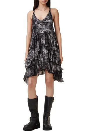 AllSaints Cavarly Snakeskin Print Tiered Asymmetric Hem Dress in at Nordstrom, Size 4 Us