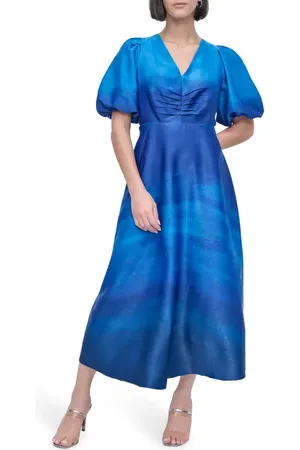 DKNY Ruched Printed Satin Midi Dress in at Nordstrom, Size Large