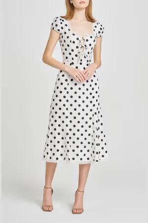 WAYF Cara Polka Dot Cap Sleeve Linen Blend Midi Dress in at Nordstrom, Size Small