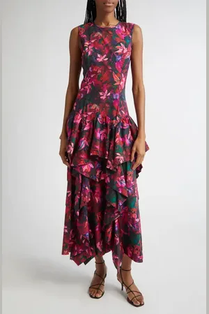 ULLA JOHNSON Mural Floral Ruffle Detail Cotton Dress in at Nordstrom, Size 10