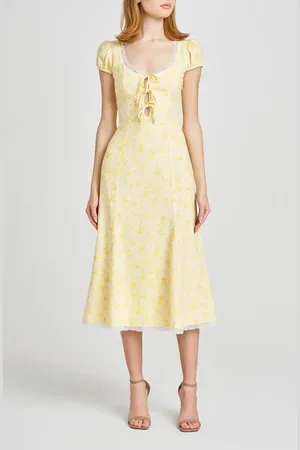 WAYF Cara Floral Cap Sleeve Linen Blend Midi Dress in at Nordstrom, Size Small