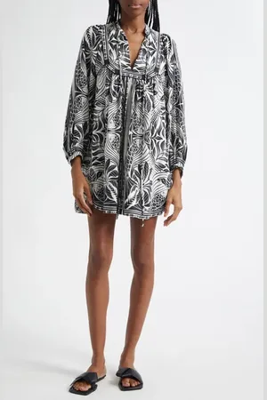 Farm Rio Monochrome Elegance Scarf Print Long Sleeve Linen Blend Minidress in at Nordstrom, Size Xx-Small
