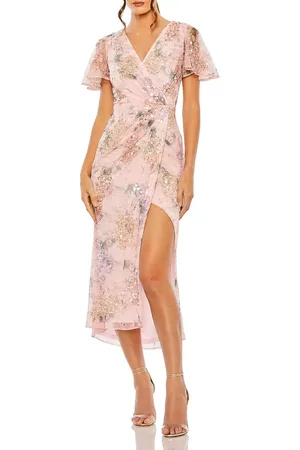 Mac Duggal Printed Mesh Flutter Sleeve Faux Wrap Midi Dress in at Nordstrom, Size 6
