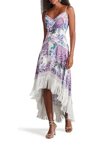 Tadashi Shoji Scarf Print Fringe Detail High-Low Cocktail Dress in at Nordstrom, Size 12