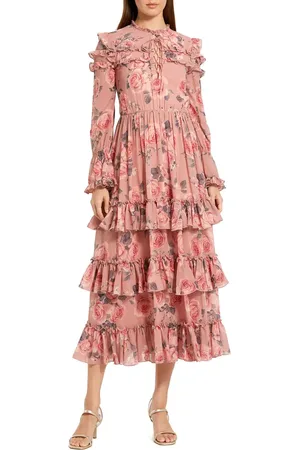 Mac Duggal Printed Long Sleeve Lace Up Front Tiered Ruffle Dress in at Nordstrom, Size X-Large