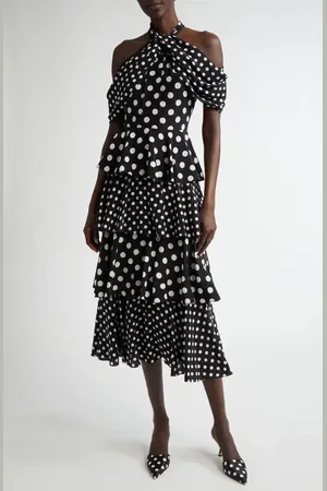 Carolina Herrera Polka Dot Halter Neck Tiered Silk Midi Dress in at Nordstrom, Size 10