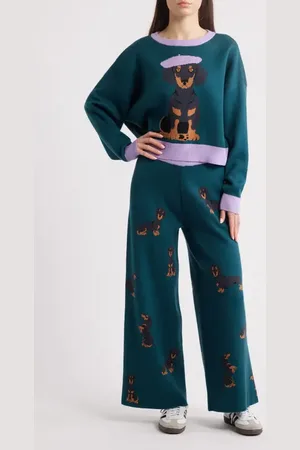 Dressed in Lala Weenie Dog Jacquard Sweater & Wide Leg Pants Set in at Nordstrom, Size Medium