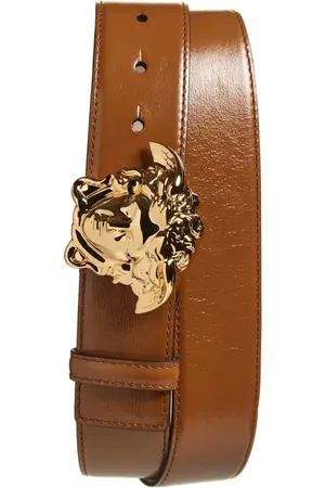 VERSACE La Medusa Leather Belt in Tobacco- Gold at Nordstrom, Size 95
