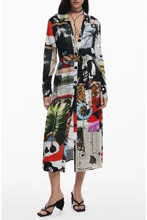 Desigual Belted Long Sleeve Crepe Maxi Shirtdress in at Nordstrom, Size Small