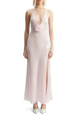 Bardot Aradia Rosette Sequin Plunge Halter Gown in at Nordstrom, Size 6