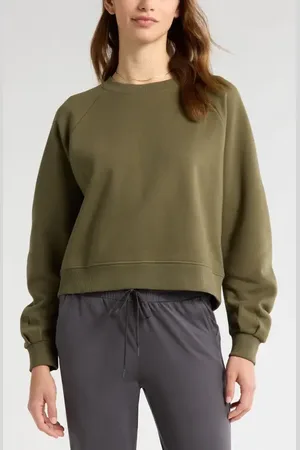 Zella Ruched Sleeve Cloud Stretch Fleece Crewneck Sweatshirt in at Nordstrom, Size X-Small