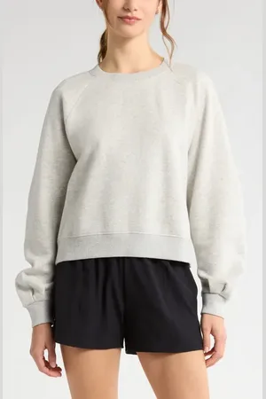 Zella Ruched Sleeve Cloud Stretch Fleece Crewneck Sweatshirt in at Nordstrom, Size Xx-Large