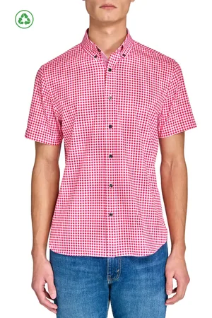 Construct Slim Fit Mini Check Recycled 4-Way Stretch Performance Short Sleeve Shirt in at Nordstrom, Size X-Large
