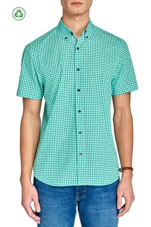 Construct Slim Fit Mini Check Recycled 4-Way Stretch Performance Short Sleeve Shirt in at Nordstrom, Size Large