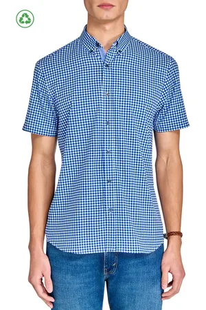 Construct Slim Fit Mini Check Recycled 4-Way Stretch Performance Short Sleeve Shirt in at Nordstrom, Size Large