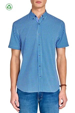 Construct Slim Fit Mini Check Recycled 4-Way Stretch Performance Short Sleeve Shirt in at Nordstrom, Size X-Large
