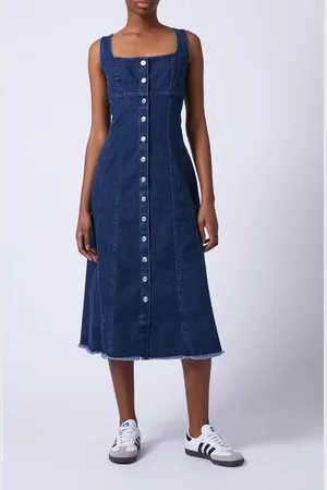 French Connection Arywode Sleeveless Fray Hem Denim Midi Dress in at Nordstrom, Size 10