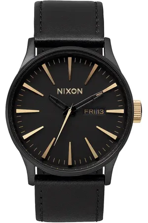 Nixon The Sentry Leather Strap Watch, 42mm in Matte Black /Gold at Nordstrom