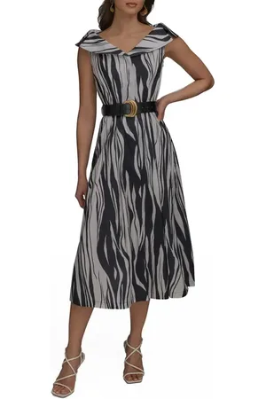 Donna Karan Zebra Print Notched Lapel Belted Midi Dress in at Nordstrom, Size 10