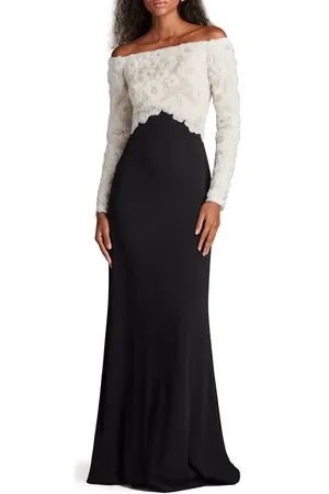 Tadashi Shoji Rhinestone Floral Off the Shoulder Mixed Media Gown in at Nordstrom, Size 14